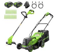 Greenworks 48V (24V x 2) Tondeuse à Gazon, Largeur de Coupe 36 cm, Jusqu’à 400 m² + Coupe-Bordures sans Fil avec tête d’Alimentation Automatique, avec 1 Batterie 4 Ah et Chargeur - MTCK48B421-01