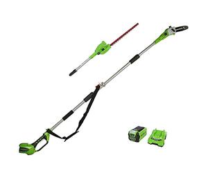 Greenworks G40PSHK2 Élagueuse et Taille Haie à Batterie sur Perche 2-en-1 avec Bandoulière, Guide Tronçonneuse 20 cm, Lames Double Action 51 cm, Batterie 40V 2Ah Chargeur, Garantie 3 Ans