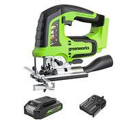 Greenworks GD24JSK2 Scie Sauteuse Sans Fil avec 2 Lames, 3000spm, Base Réglable Jusqu'à 45°, Accessoire d'Aspiration, Batterie 24V 2Ah et Chargeur, Garantie 3 Ans