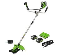 Greenworks GD24X2BCBK4x Débroussailleuse à Batterie avec Moteur Sans Balai, Harnais, Poignée Guidon, Largeur Coupe 38 cm, Fil Nylon 2 mm ou Lame 25 cm, 2 Batteries 24V 4Ah et Chargeur, Garantie 3 Ans