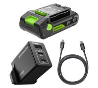 Greenworks K2S2BEA Batterie USB-C Haute Puissance 24 V 2 Ah et Chargeur USB-C 65 W et câble de 100 W, Batterie Li-ION adaptée à Tous Les appareils 200+ Greenworks 24 V