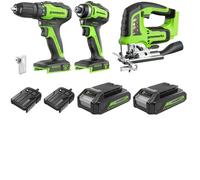 Greenworks Kit de 3 outils sans fil 24 V, composé d'une visseuse sans fil (35 Nm), d'une visseuse à percussion sans fil (220 Nm), d'une scie sauteuse sans fil, de 2 batteries et d'un chargeur