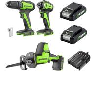 Greenworks Kit de 3 outils sans fil 24 V, composé d'une visseuse sans fil (35 Nm), d'une visseuse à percussion sans fil (220 Nm), d'une mini scie sabre sans fil, de 2 batteries et d'un chargeur