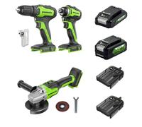 Greenworks Kit de 3 outils sans fil 24 V, composé d'une visseuse sans fil (35 Nm), d'une visseuse à percussion sans fil (220 Nm), d'une meuleuse d'angle sans fil (125 cm), de 2 batteries et d'un