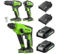 Greenworks Kit de 3 outils sans fil 24V, composé d'une visseuse sans fil (35 Nm), d'une visseuse à percussion sans fil (220 Nm), d'un marteau perforateur sans fil 1.2J, de 2 batteries et d'un