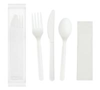 GreenWorks Lot de 200 ensembles de couverts compostables CPLA de 15,2 cm, fourchette, cuillère, couteau, serviette 4 en 1, emballés individuellement avec des sacs compostables, alternative aux ustensiles jetables en plastique