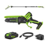Greenworks POWERALL 24V Mini Tronçonneuse 15cm Gen. II avec perche d'extension - Batterie 2Ah