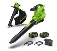 Greenworks Souffleur de Feuilles sans Fil 48 V (2 x 24 V) avec Sac de paillage de 45 L, 386 km/h, 14,73 m³/Min, Deux Batteries 4 Ah et Chargeur à Double Port, BL48L421-01