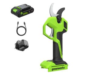 Greenworks Sécateur Électrique 24V avec Batterie 2,0Ah & Chargeur USB-C 30W, Moteur Brushless, Lames Acier, Ouverture 22/32 mm, Écran LED, Sécateur Batterie LP1202A1
