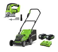 Greenworks Tondeuse à batterie G24X2LM36K2x sac collecteur Réglage central de la hauteur de coupe incl. 2x 2Ah batterie et chargeur) + Scie sauteuse sans fil GD24JS
