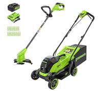 Greenworks Tondeuse à gazon sans fil 24 V et coupe-bordures combinée - Moteur sans balais - Tondeuse à gazon de 33 cm avec panier collecteur de 30 l - Coupe-bordure réglable de 25 cm - Avec batterie