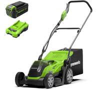 Greenworks Tondeuse à Gazon sans Fil, Largeur de Coupe de 35cm, Sac de 40L sans Batterie 40V ni Chargeur-G40LM35 + Greenworks Batterie 40V 5Ah- G40B5 + Greenworks 40V 2A Chargeur de Batterie G40C