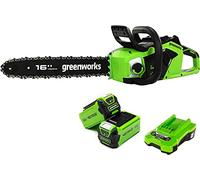 Greenworks Tronçonneuse à Batterie avec Moteur Sans Balais, Longueur Guide-Chaîne 16 Pouces (40cm), Vitesse de Chaîne 20 m/s, 3,81 kg, Anti-Rebond, 2 Batteries 40V 2Ah, Chargeur-GD40CS18K2X