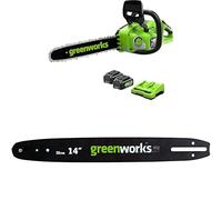Greenworks Tronçonneuse à Batterie Moteur Sans Balais, Longueur des barres 14 Pouces (35cm), 2 Batteries 24V 4Ah et Chargeur Double + Greenworks 35cm Barre de chaîne