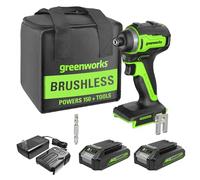 Greenworks Visseuse à percussion sans fil 24 V sans balais 6,35 mm, (2) batteries 2,0 Ah, chargeur compact et sac inclus