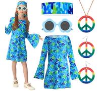 GreenYeah Deguisement Hippie Fille, Costume Hippie Enfant Fille, Costume Hippie à Fleurs, Robe, Flower Power, Ensemble Enfant Années 70 pour Carnaval, Jeu de Rôle, Fête Sur le Thème Des Hippies (A-L)
