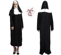 GreenYeah Déguisement Nonne, Halloween Nonne Deguisement Femme, Costume de Nonne D'Halloween avec Masque Effrayant, Costume Nonne Halloween, Adulte Noir Costume de Nonne, Halloween Cosplay Costume