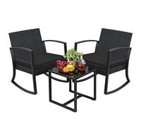 Greesum Ensemble de meubles d'extérieur 3 pièces pour patio, bistrot, chaises à bascule avec table basse en verre pour piscine, plage, jardin, balcon, porche, terrasse, jardin, noir