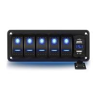 Greluma Panneau d'interrupteurs à bascule 5 positions en aluminium avec voltmètre et double port USB (4.2A),charge rapide,rétroéclairage LED,pré-câblé,étanche IP65,pour bateau,voiture et camion (bleu)