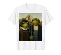 Grenouille avec Coupe de Cheveux Bob American Gothic Gen Z Portrait de Ferme T-Shirt Graphique avec Valeur, Homme, Blanc, L
