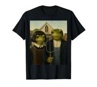 Grenouille avec Coupe de Cheveux Bob American Gothic Gen Z Portrait de Ferme T-Shirt Graphique avec Valeur, Homme, Noir, M