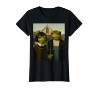 Grenouille avec Coupe de Cheveux Bob American Gothic Gen Z Portrait de Ferme T-Shirt Graphique avec Valeur, Femme, Noir, S