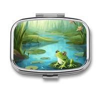 Grenouille dans un étang - Pilulier à 2 compartiments - Petit pilulier pour sac à main ou poche - Mini pilulier en métal - Boîte à médicaments quotidienne carrée pour contenir des vitamines, de