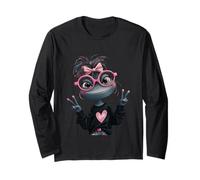 Grenouille Fille Double Signe de la Paix Rose Lunettes Pop Graphique Ludique Manche Longue