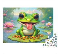 Grenouille Mignon Assis Puzzle de 1000 Pièces Adultes Grenouille Verte sur Nénuphar avec Langue Tirée Premium Haute Qualité Robuste Vibrant Stimulant Anti-Stress Cadeau 52x38cm/1000pcs