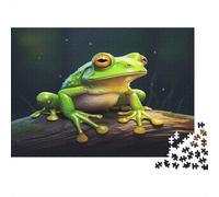 Grenouille Verte Assise Style Art Numérique 1000 Pièces pour Cadeaux Adultes Grenouille Verte sur Une Bûche en Bois Activité Maison Stimulante et Casse-tête 70x50cm/1000pcs
