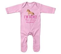 Grenouillère « Baby I'm Here Now Where's My Pony » - Cadeau d'équitation pour nouveau-né - Cheval jockey grossier, rose clair, 0-3 mois