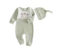 Grenouillère Bébé Garçon Rayée Brodé Canard Barboteuse Bonnet Doux | Ensemble adorable nouveau-né garçon combinaison a pieds avec canard broderie et bonnet vêtement automne printemps 0-6m