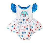 Grenouillère Bébé Garçons Filles Manches Volantes Fête Nationale 4 Juillet Imprimé Étoiles Lettres Body Robe (3M-24M) Maille Coton Mélangé