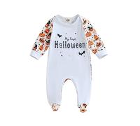 Grenouillère Bébé Mon Premier Halloween Barboteuse Imprimé Citrouille Body Combinaison Manches Longues Pyjama Halloween Nouveau-né Fille Garçon (Blanc 3, 0-3 Mois)