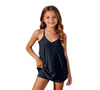 Grenouillère courte d'été sans manches pour fille - Bretelles fines spaghetti - Combishort athlétique décontracté avec short intégré - Vêtement décontracté pour enfants de 5 à 15 ans (bleu marine, 5 à
