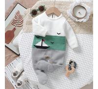 Grenouillère de pull à manches longues pour bébé garçon, vert, multi-patchwork, décontractée et à la mode, confortable, douce, simple, chaude et élégante, avec motif de petit bateau à voile. Convient