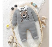 Grenouillère décontractée et confortable de style gentleman col claudine pour nouveau-né, design jacquard adorable d'ours, pull en tricot pour bébé, mignon et doux, convient pour ramper et porter au q