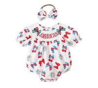 Grenouillère Fille Bébé Manches Courtes Fête Nationale 4 Juillet Imprimé Nouveau-nés Bandeau Ensemble (3M-18M) Maille Coton Mélangé a5