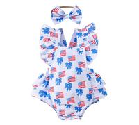 Grenouillère Fille Bébé Manches Volantes Fête Nationale 4 Juillet Imprimé Ruban Volants Body Nouveau-nés Bandeau Ensemble (3-24M) Maille Coton Mélangé