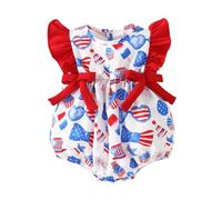 Grenouillère Fille Bébé sans Manches Fête Nationale 4 Juillet Imprimé Volants Body Nouveau-nés Maille Coton Mélangé