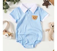 Grenouillère mignonne bleu clair pour bébé garçon avec col blanc et patch d'ours, adaptée pour une utilisation quotidienne, les loisirs, les sorties, les vacances et les jours fériés 6-9M,9-12M,12-18M