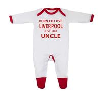 Grenouillère pour bébé « Born To Love Liverpool Just Like Uncle » - Conçue et imprimée au Royaume-Uni - 100 % coton peigné fin, Blanc/bordure rouge., 6 mois