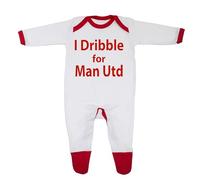 Grenouillère pour bébé garçon et fille « I Dribble For Man United » conçue au Royaume-Uni en 100 % coton peigné fin, Blanc/bordure rouge., 9 mois