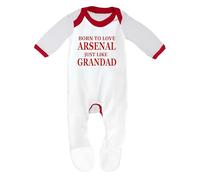 Grenouillère pour bébé garçon fille « Born to Love Arsenal Just Like Grandad » conçue et imprimée au Royaume-Uni en 100 % coton peigné fin, Blanc/bordure rouge, 6-9 mois