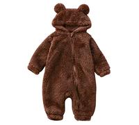GrenouillèRes pour Enfants Nouveau-né Bébés Filles Garçons Mignon Solide Manches Longues Oreilles d'ours De Bande Dessinée Polaire À Capuche Fermeture À Glissière Barboteuse(Brown,12-18 Mois)