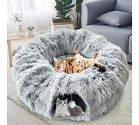 GRETMIX Jouets pour chat, jouets pour chats d'intérieur, lit tunnel extensible pour chat avec balle teaser tube en C et lit en peluche avec tapis, rond gris pour grands chats, tunnel pour chat de 85 x