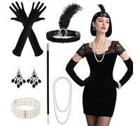 Grevosea Lot de 6 accessoires pour femme, style Gatsby le Magnifique des années 1920, avec bandeau, collier de perles, boucles d'oreilles, gants, accessoire à main pour costume de mariage vintage