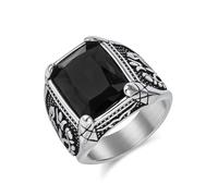 Grewod Bagues pour Homme en Acier Inoxydable, Motif Tulipe Vintage avec Verre Noir 18mm Bague de Mariage Taille 62