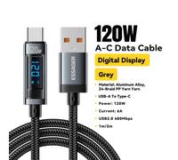 (Grey 120W A TO C) Es r 120W USB Type C câble charge rapide USB C chargeur cordon pour iPhone 15 14 13 12 Huawei avec câble d'affichage numérique Led.[A95]