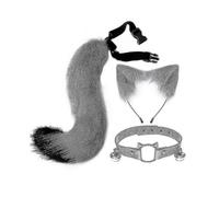 (Grey)Furry Cat Ears Fox Tail Bell Collar Necklace Set Halloween Party Accessories Lolita Simulation Fur Plush Headwear Cosplay Props